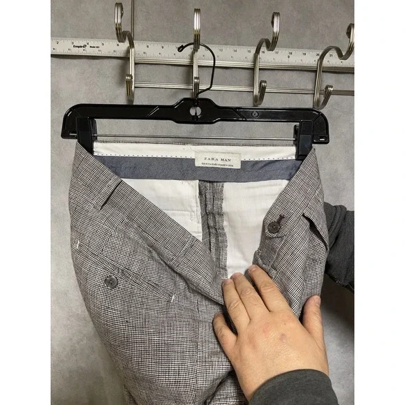Zara Man Pants Men 30X36 Beige Gray Micro Houndstooth Dress Linen - Picture 9 of 10